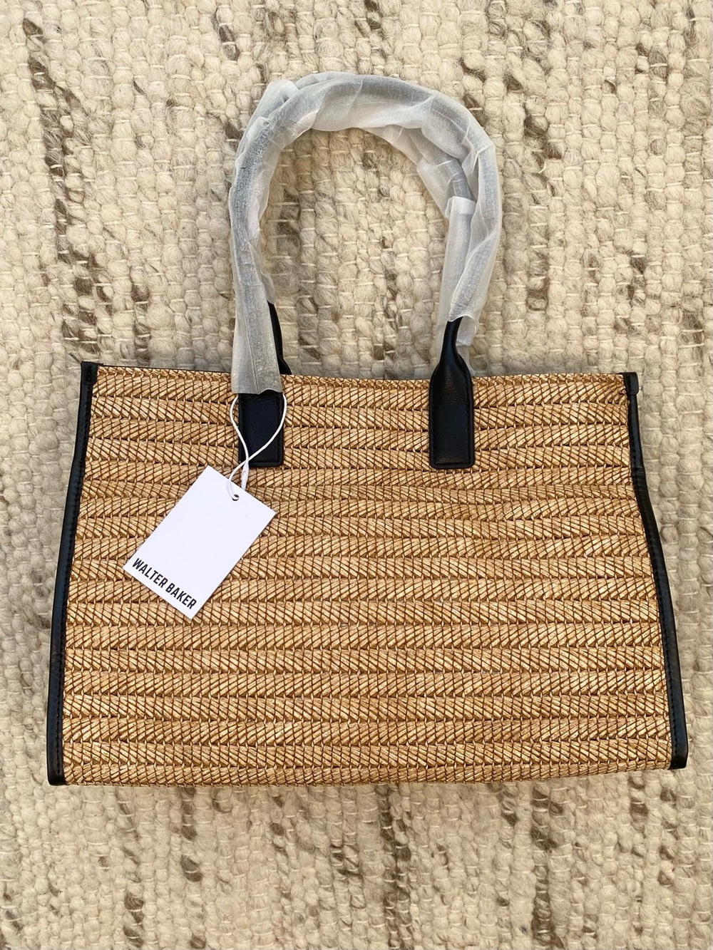 Walter Baker NWT Delaney Woven Raffia Tote Black Vegan Leather - Picture 2 of 9